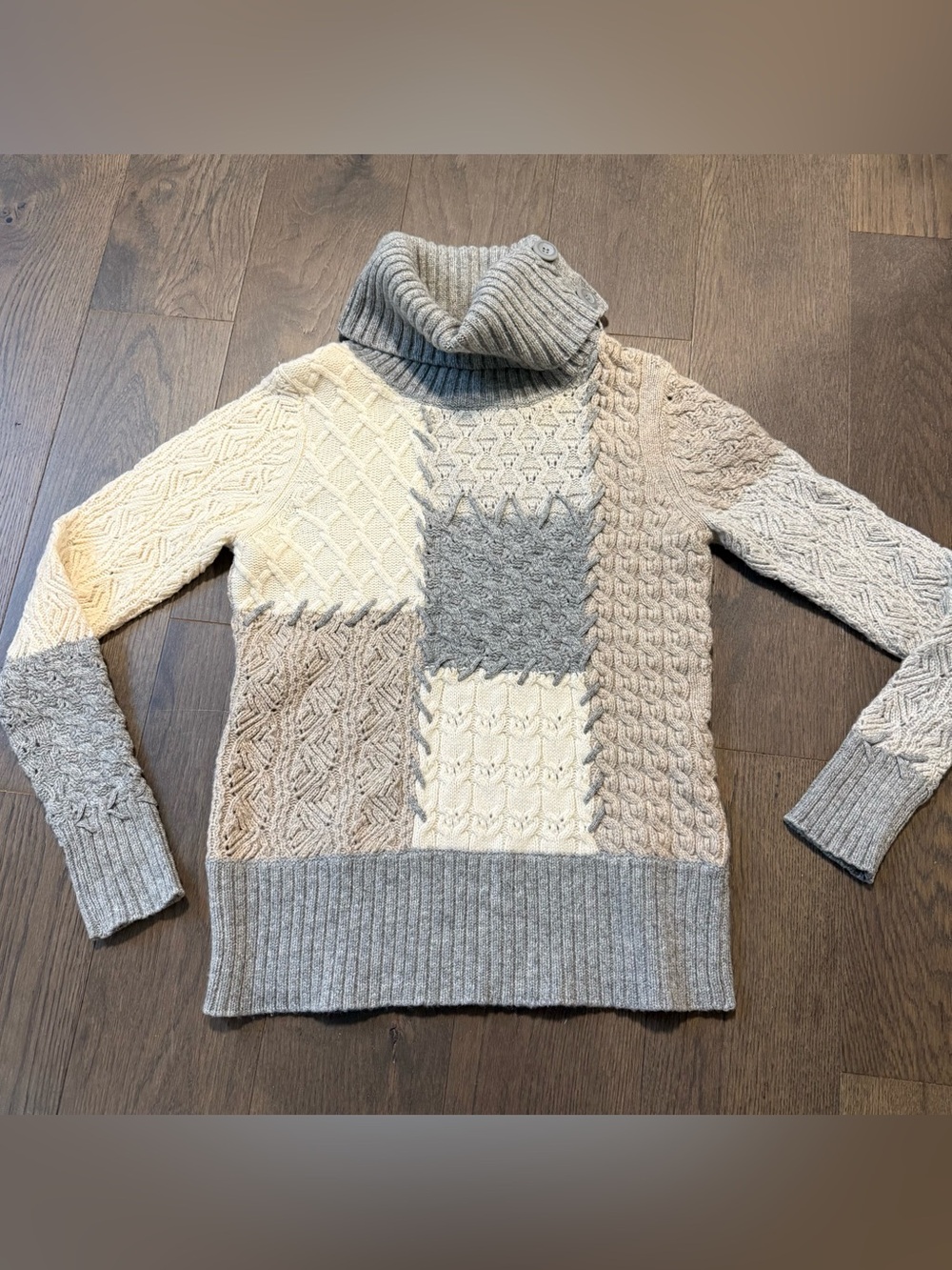 Sundance Lambswool Patchwork Turtleneck/Cowlneck Sweater Medium. Tan/Grey/Cream